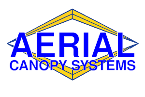 Aerial Canopy Systems logo featuring bold blue text and a yellow geometric design.