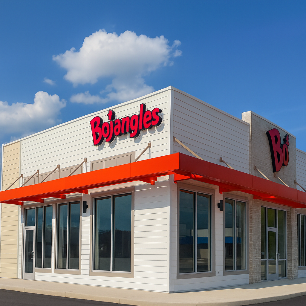 Bojangles restaurant exterior with a red awning and large windows under a clear blue sky.