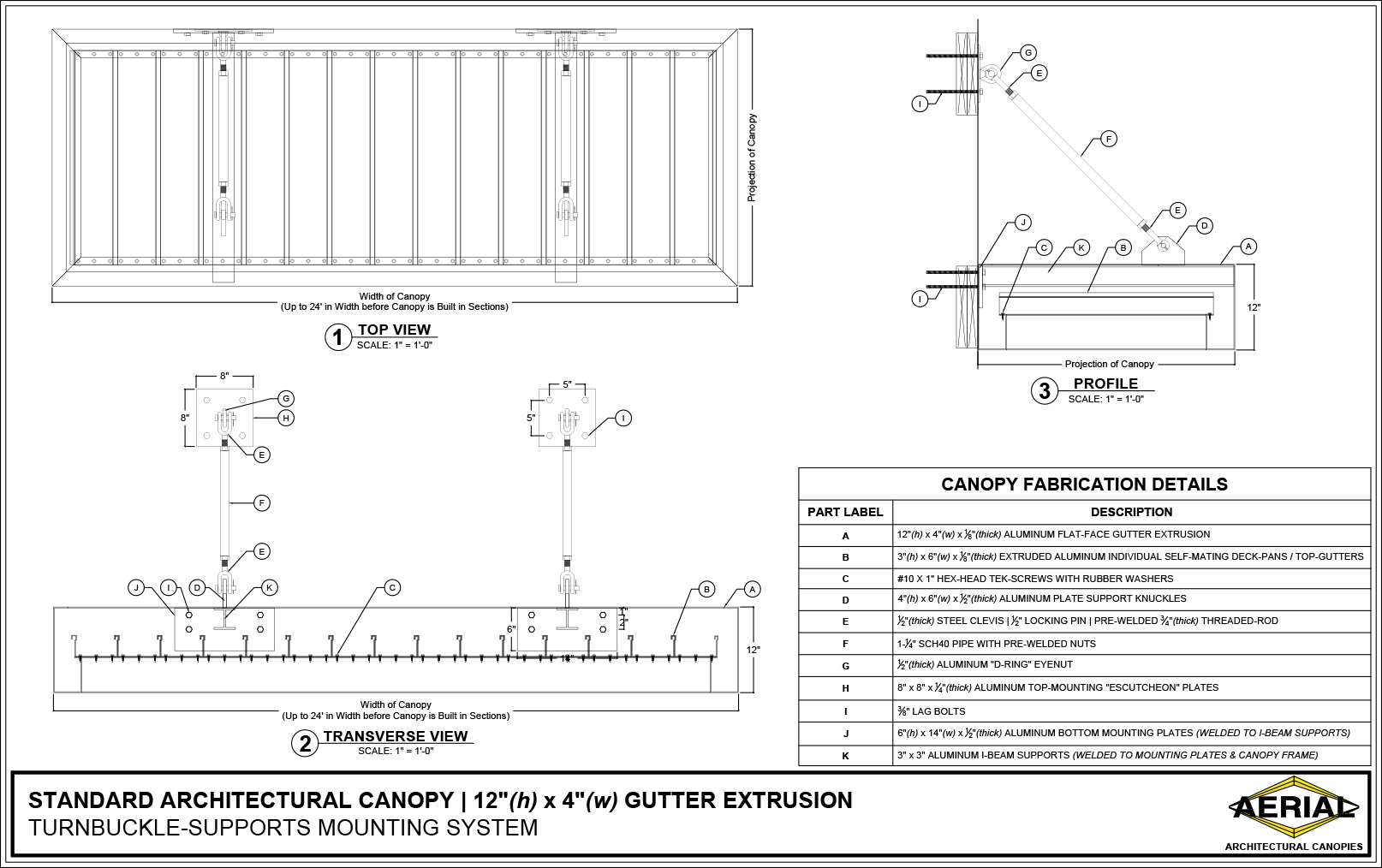 Turnbuckle-supports mounting system for a 12"h x 4"w standard architectural canopy showing assembly details and dimensions.