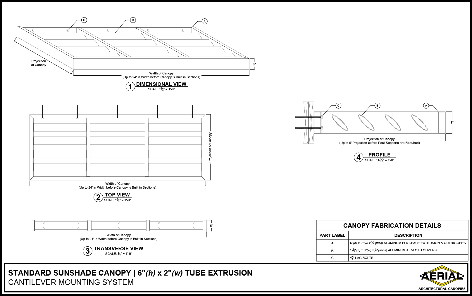 Standard sunshade canopy dimensions and fabrication details, showing top, transverse, and profile views.